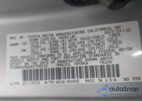 2010 Toyota Tacoma z USA, uszkodzony, nr VIN 5TENX4CN2AZ745012